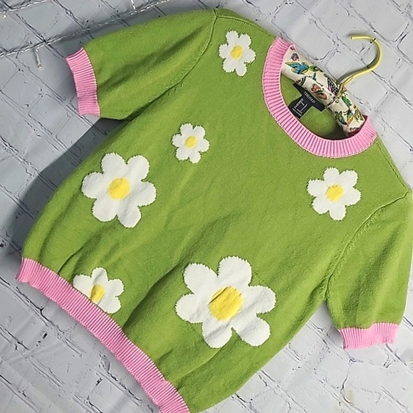 Forever 21 Vintage Inspired Springtime Daisy Floral Sweater Knit Top Womens Sz L - Picture 9 of 16